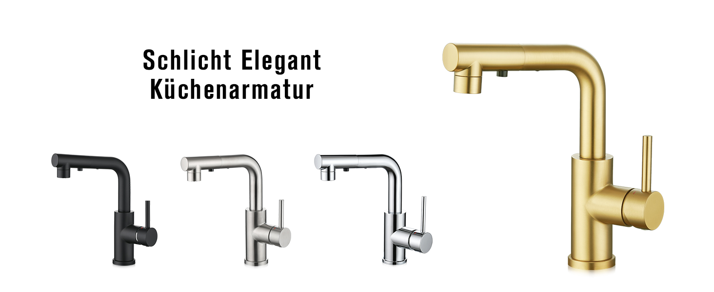 Кран кухонний CREA з 3 функціями: душ, висувний вилив, поворот 360°, матове золото (щітковане)