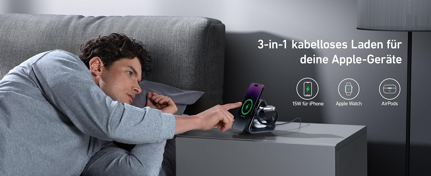 Anker MagGo MagSafe Зарядний пристрій 3-в-1: Швидка зарядка 15 Вт, MFi сертифікація для iPhone 17/16/15, Apple Watch S8/7/6, AirPods 3/Pro (з USB-C адаптером 30 Вт)