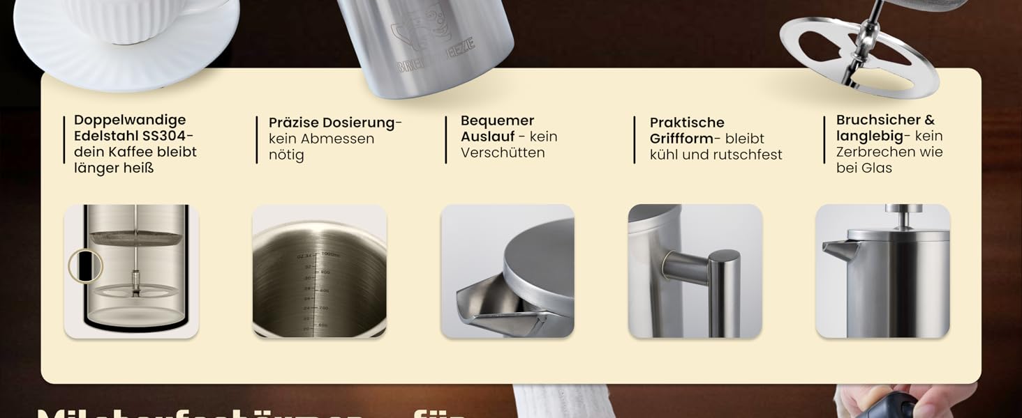 Набір для приготування кави френч-прес, 1 літр, з молочний спінювач, з нержавіючої сталі, термоізольований