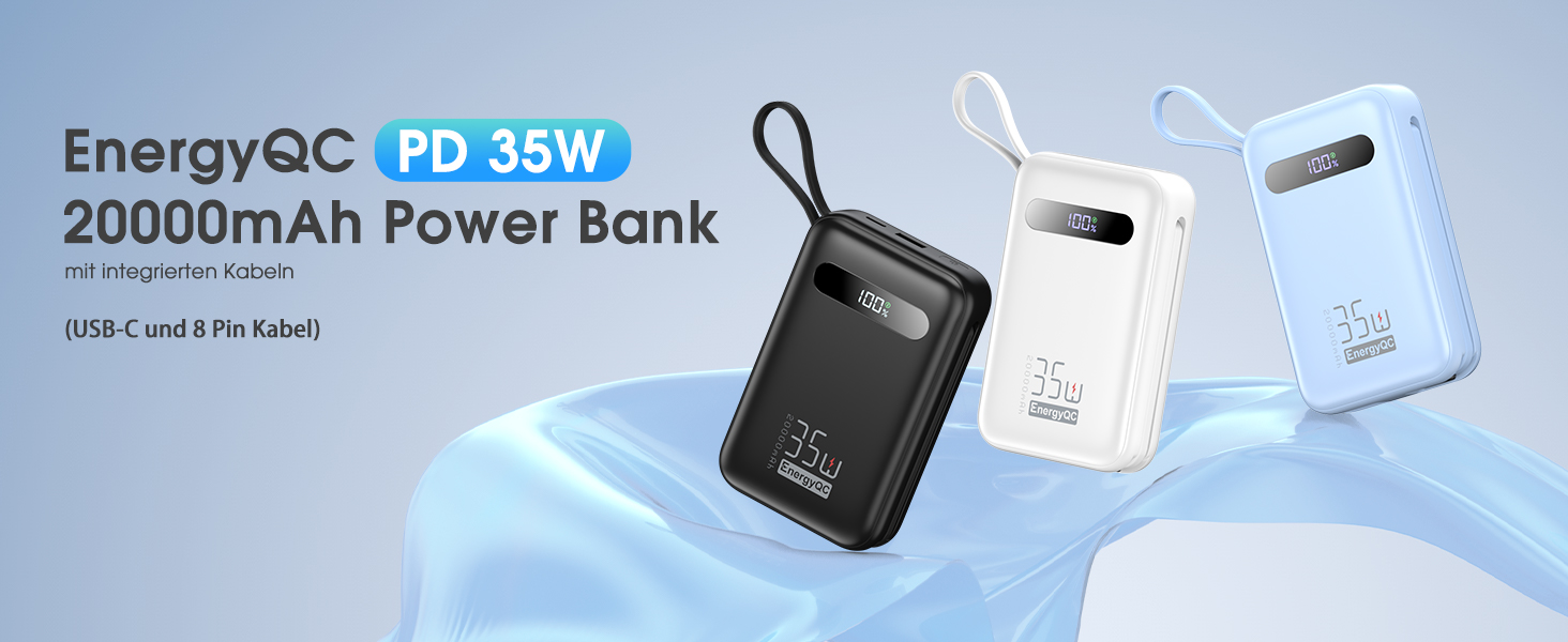 Powerbank 20000mAh з PD 35W, USB-C, LED дисплеєм та кабелями для iPhone, Samsung, Huawei