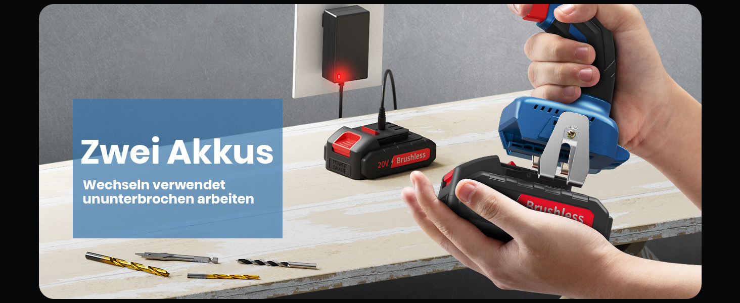 Акумуляторний дриль-шуруповерт 20V Brushless з набором інструментів (2 акумулятори 2.0Ah), 60Nm, 25+1 ступенів, LED-ліхтар, 10 мм патрон, 2 швидкості, для ремонту та DIY, синій