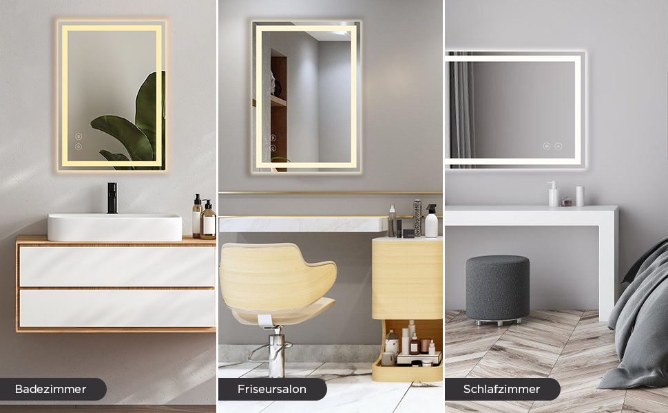 Дзеркало для ванної кімнати з підсвічуванням 50x70 см, сенсорне керування, протитуманне покриття, 3 кольори світла, регулювання яскравості, пам'ять налаштувань, матове, прямокутне