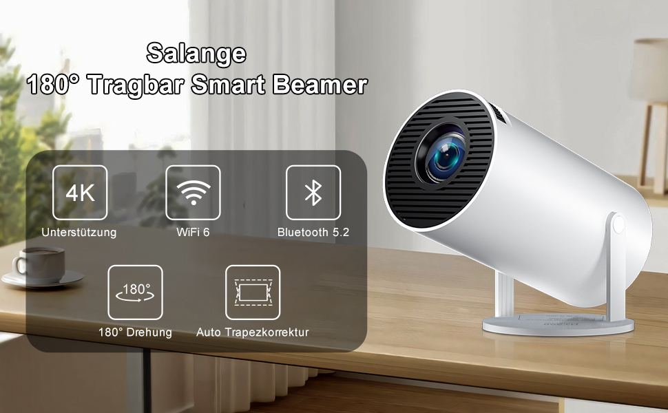 Mini проєктор Salange HY300Pro+: 4K, Wi-Fi 6, Bluetooth 5.2, Android 11.0, для домашнього кінотеатру, обертання 180°, сумісний з Phone/Xbox/Laptop/TV Stick/USB