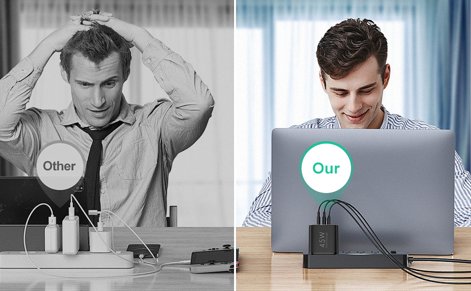 Подвійний зарядний пристрій USB-C 45W GAN для iPhone/Samsung Galaxy, 3 порти, швидка зарядка PPS (чорний)