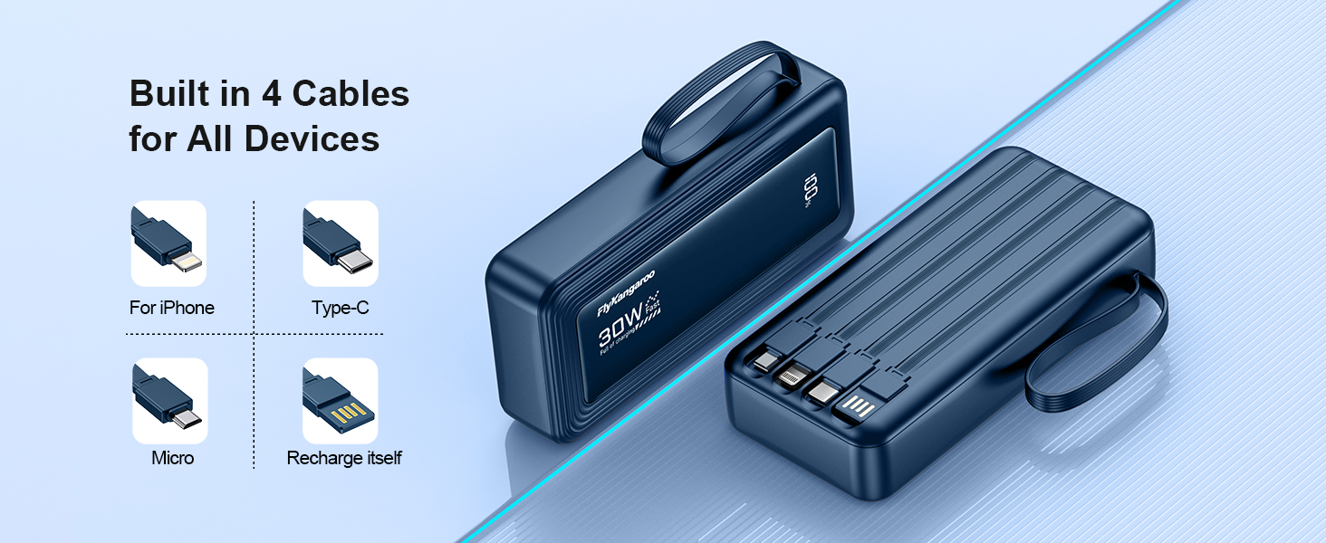 Повербанк 27000mAh з 4 вбудованими кабелями та LED-дисплеєм, швидка зарядка 30W USB-C для iPhone, Samsung, iPad та Android смартфонів (Темно-синій)