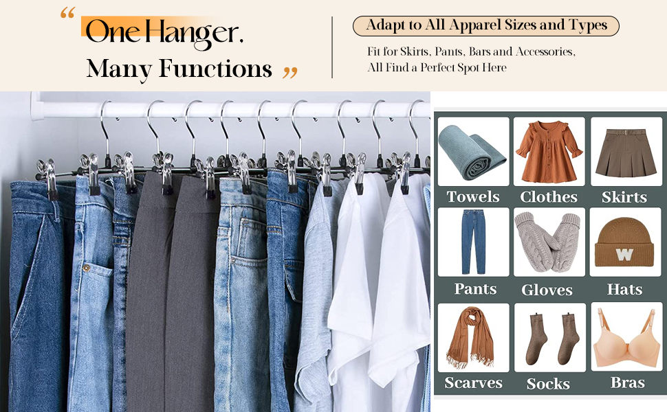 10 металевих вішалок для штанів, шкарпеток та спідниць з кліпсами, 30 см, антиковзаючі, хром, міцні, економія місця, чорний