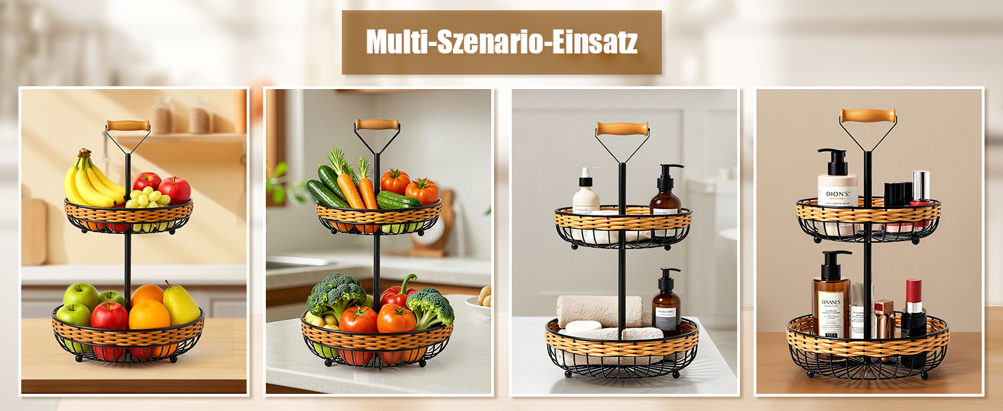 Двоярусний кошик для фруктів LEEJARD з синтетичного ротангу, знімний піддон, чорний (H:45 Dm:29 см)