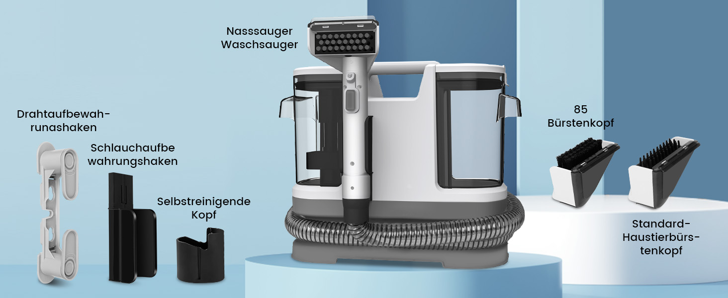 Апарат для чищення м'яких меблів та килимів: волого-пилосос, 450W, з щіткою для шерсті тварин. Підходить для диванів, килимів, автосидінь та сходів (біло-сірий)