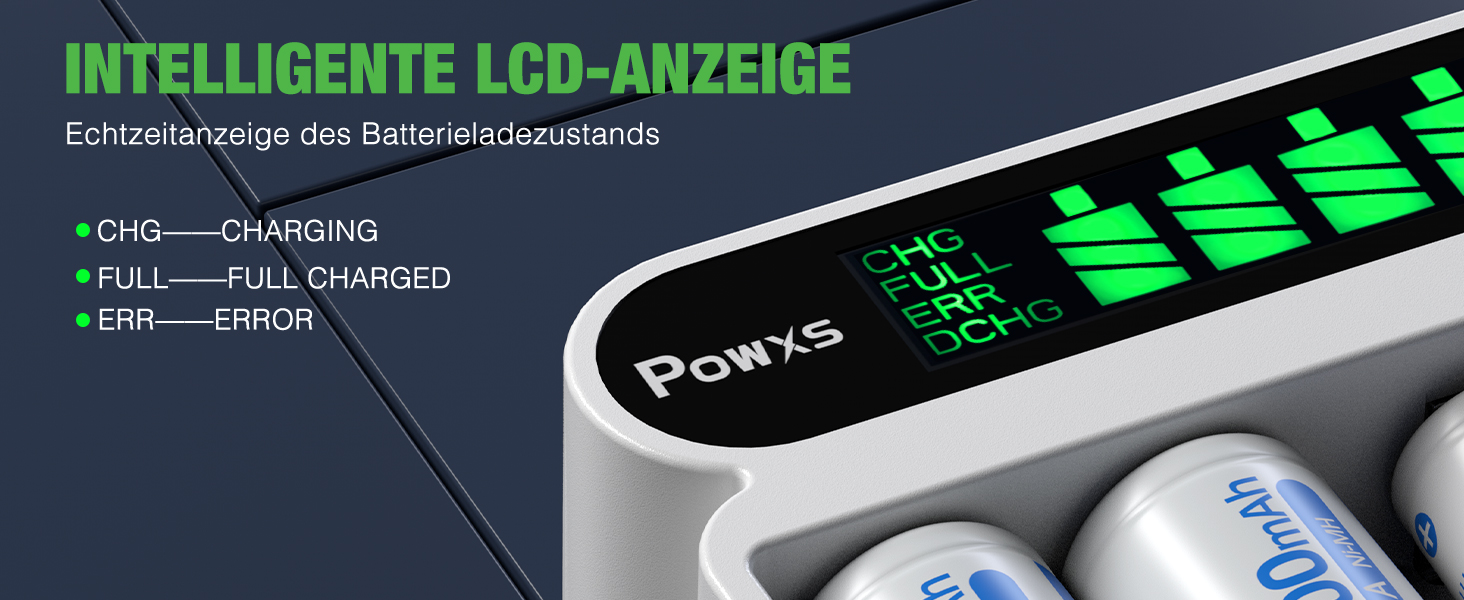 Зарядний пристрій POWXS для акумуляторів NI-MH NI-CD AA AAA з LCD-дисплеєм, універсальний, Micro USB & Type-C, безпечний