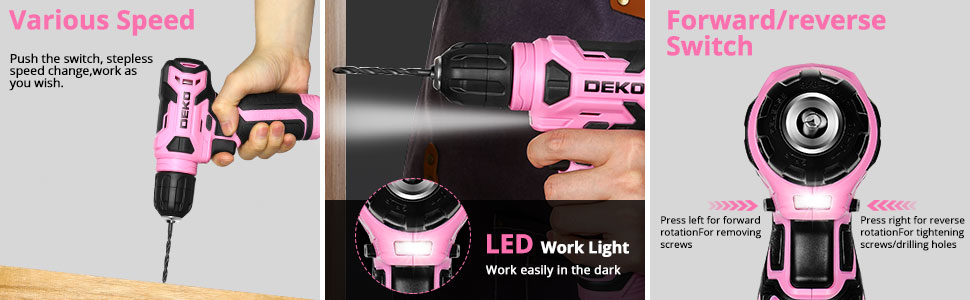 Акумуляторний шуруповерт-дрель DEKOPRO 8V 42шт з аксесуарами: ударний, LED, для дому, рожевий