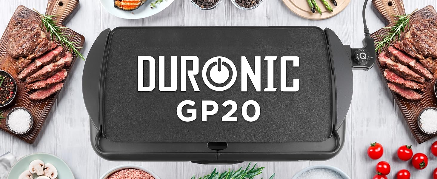 Електричний гриль Duronic GP20, 2000 Вт, антипригарне покриття, для дому та вулиці, велика площа для смаження