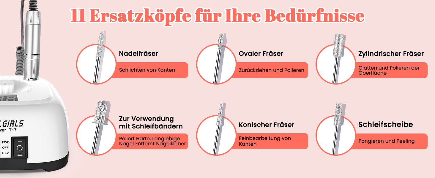 Електричний фрезер для нігтів NAILGIRLS 11 в 1 з педалем, 35000 об/хв - манікюр та педикюр