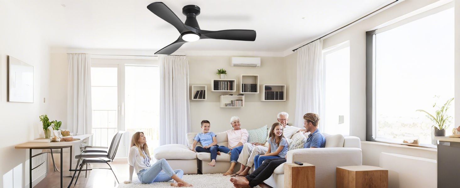 Стелянка вентилятор Depuley 42 дюйми з підсвічуванням: чорний, 3 лопаті, врізний монтаж для спальні. Диммування, керування через додаток, тихий DC-двигун, таймер, чорний колір.