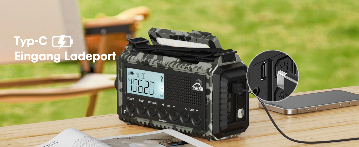 Радіо Kurbelradio на сонячній батареї та з ручкою, 12000mAh, AM/FM/SW, USB-зарядка, SOS-сигнал, для кемпінгу та надзвичайних ситуацій, зелений (сірий камуфляж)