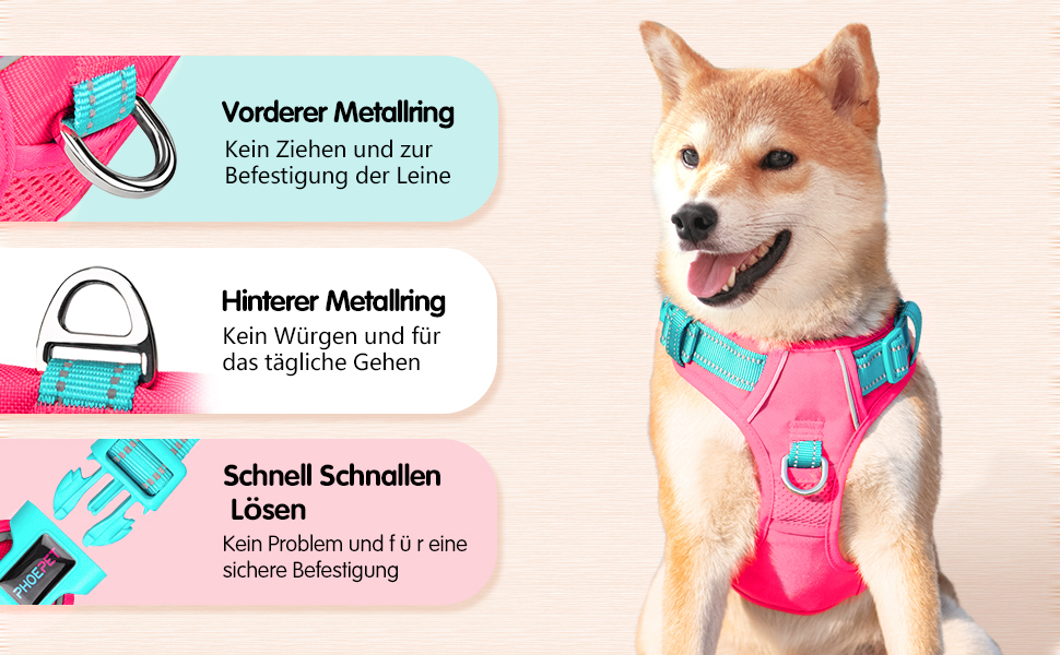 Шлейка для собак PHOEPET Anti-Zug з відбиваючими елементами, регульована, для цуценят та собак різних розмірів (XL, блакитна база & рожеві ремінці)