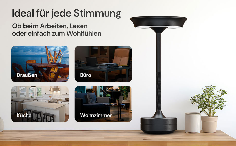 LED настільна лампа бездротова - стильний дизайн з акумулятором та USB-C - 3 кольори світла та диммування - бездротова свобода для дому та вулиці - акумуляторна лампа з регулюванням яскравості (Чорний)