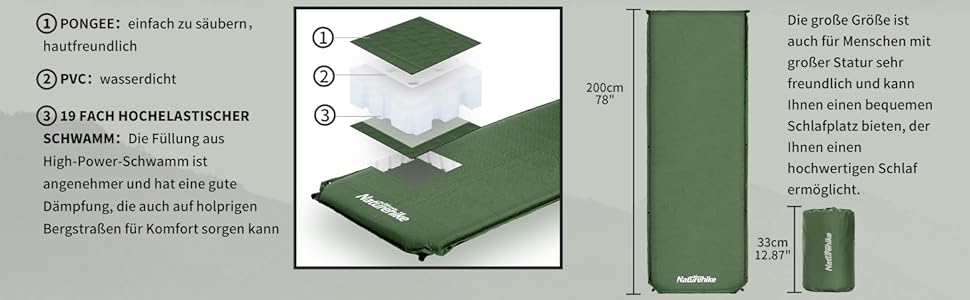 Naturehike Каремат для кемпінгу надувний, 6 см, сірий/зелений