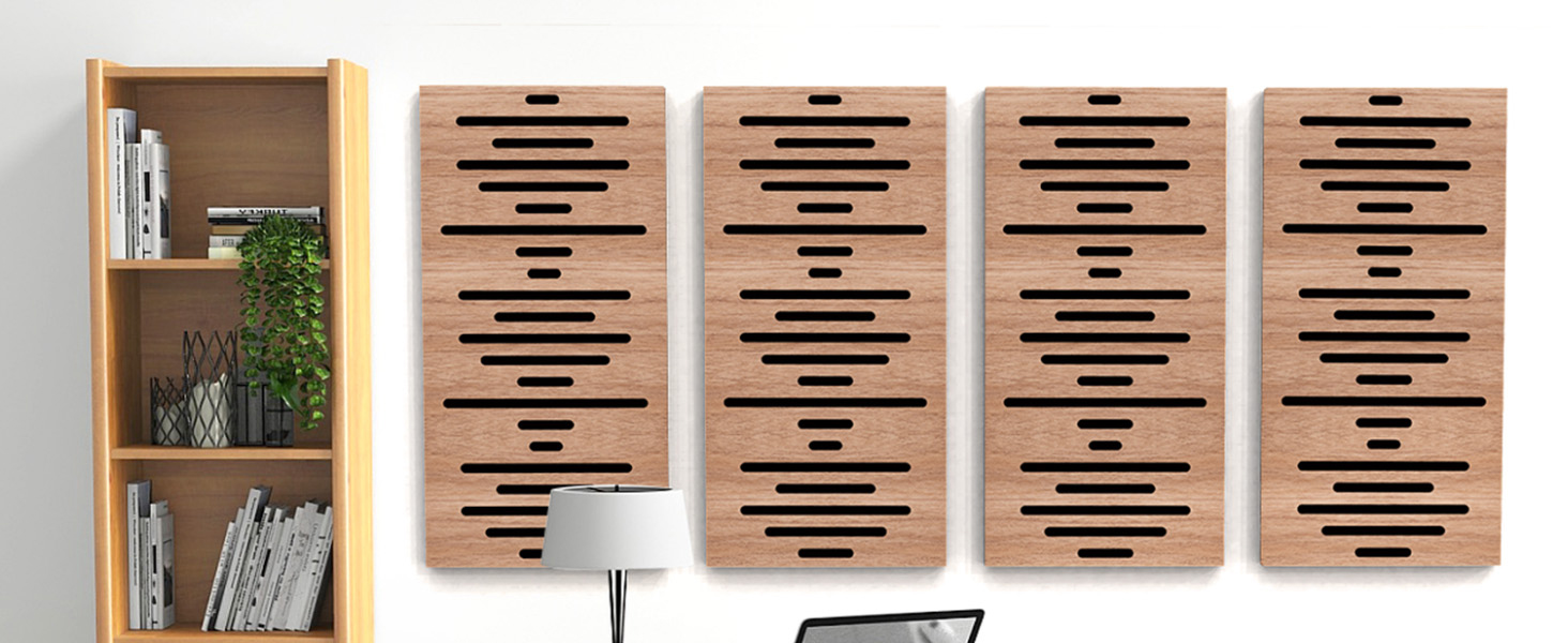 Акустичні панелі JBER для звукоізоляції стін, самоклеючі шумопоглинаючі плити з імітацією горіха (еліптичні лінії), 60×30×4.5 см, 4 шт. — для студії звукозапису та дому