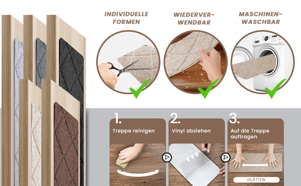 Килимок на сходи, 15 шт., самоклеючий, антиковзаючий, для дому. Розмір: 55x19 см (також 65x20 см), бежевий. Захист для дітей, домашніх тварин та літніх людей.