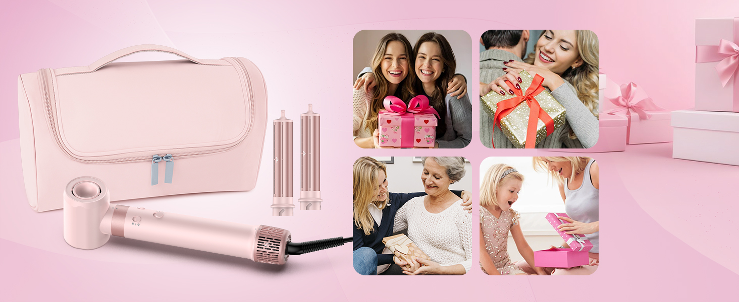 Фен-стайлер 5-в-1 для волосся з іонізацією, набір з насадками, швидка сушка, локони, випрямлення, об'єм, без пошкодження волосся, 100–240V, з сумкою, рожевий