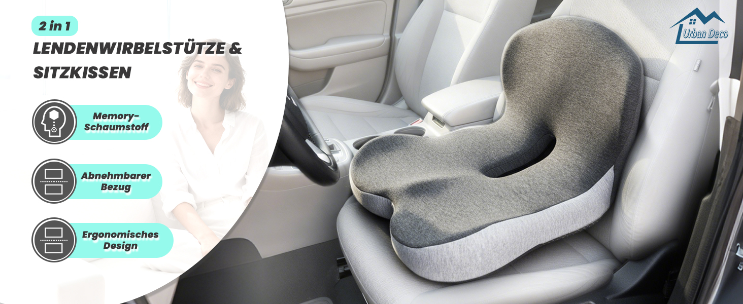Ортопедична подушка для сидіння Urban Deco з підспинником, ергономічна подушка для спини з Memory Foam, для офісного крісла, автокрісла, інвалідного візка, чорно-сіра, 1 шт.