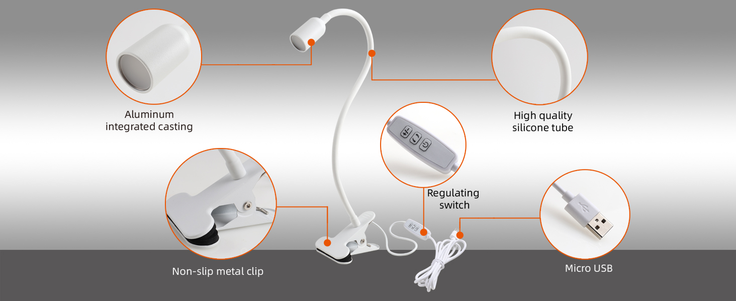LED Лампа для читання на ліжко з кліпсою da LIGHT, диммер, 3 режими, USB, для навчання, роботи (біла)