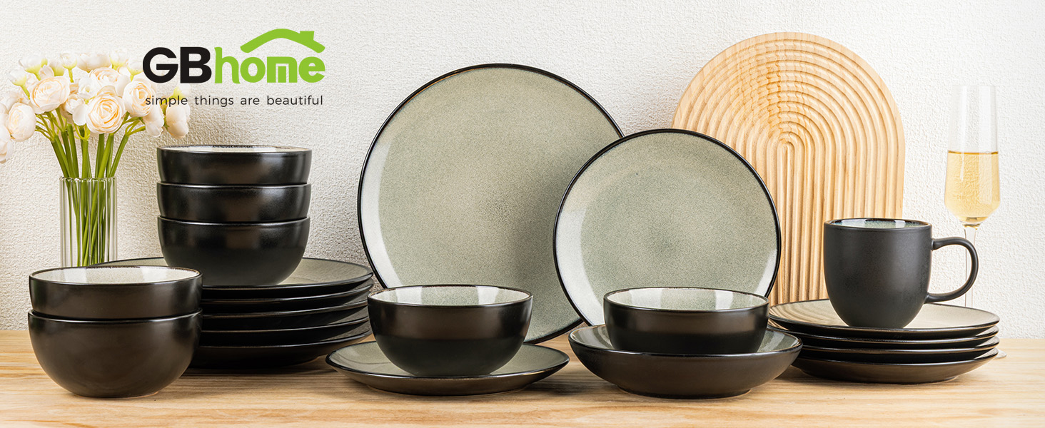 Набір посуду з каменю GBhome на 6 осіб (18 предметів), ручна робота, реактивна глазур, мікрохвильова та посудомийна машини, набір тарілок та мисок Desret Salbei