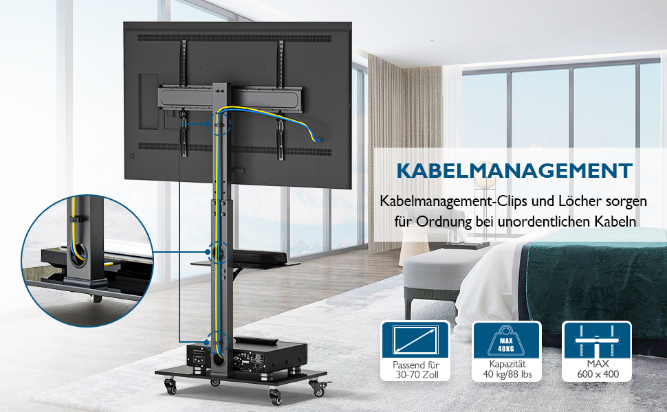 Підставка для телевізора BONTEC на колесах для 30-70 дюймових Plasma/LCD/LED телевізорів до 40 кг, 6 положень по висоті з 2-ярусними полицями з загартованого скла, MAX VESA 600x400 мм