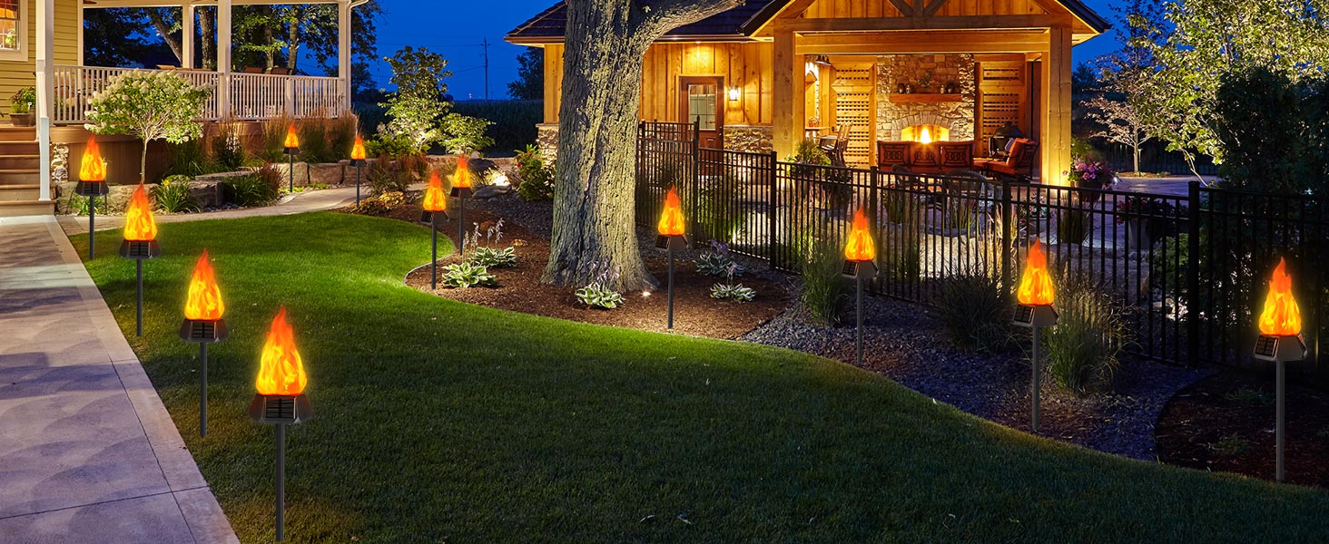 Geemoo Solar Lanterns for Outdoor Garden - 6 Pack Solar Torch Lights with Realistic Flame Effect
