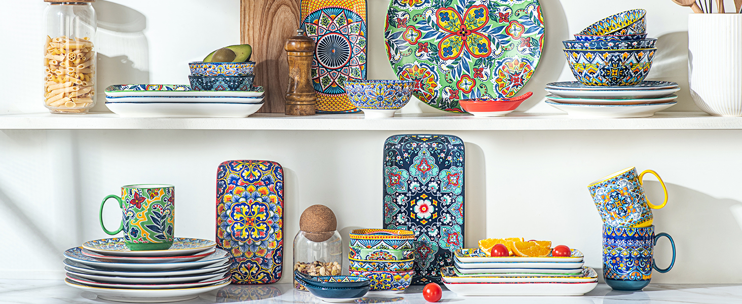 Сервіровочні тарілки HENXFEN з порцеляни, 10 дюймів, набір прямокутних тарілок для салату, закусок, сашимі, богемний квітковий дизайн у 6 яскравих кольорах