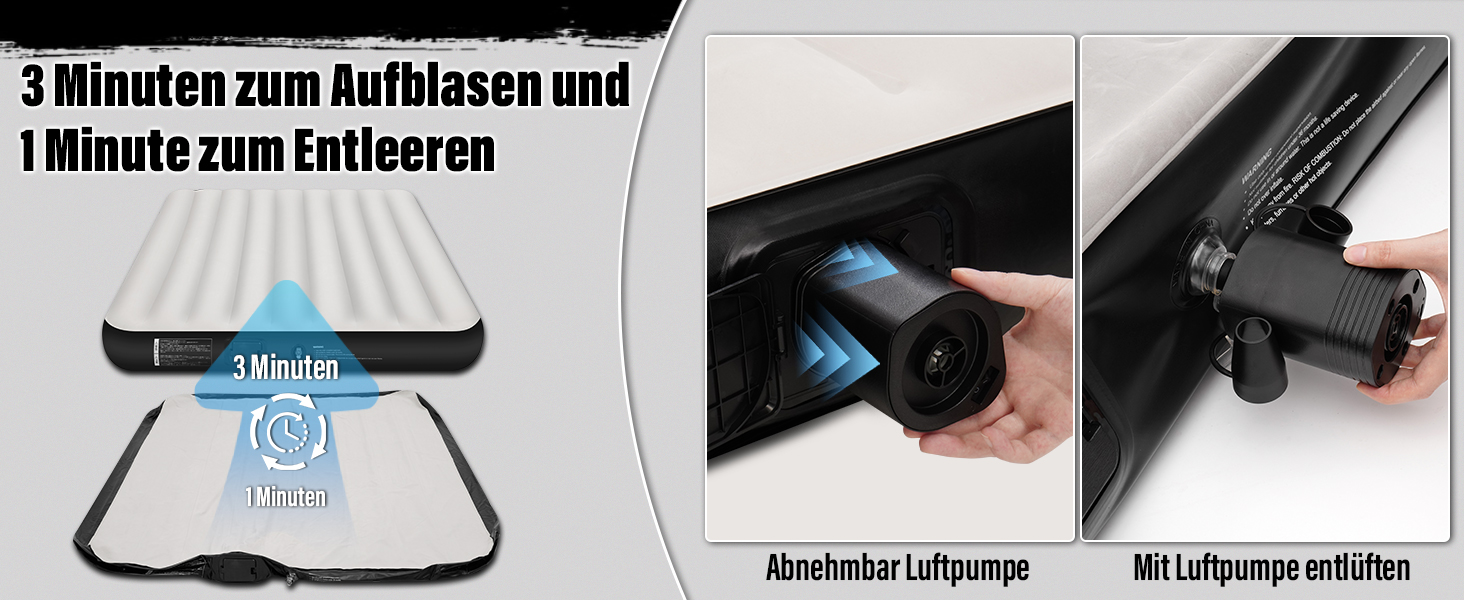 Надувне ліжко для двох осіб з автоматичним надуванням, 198x152x25 см, чорний колір. З вбудованим насосом, самонадувна повітряна матрац-ліжко