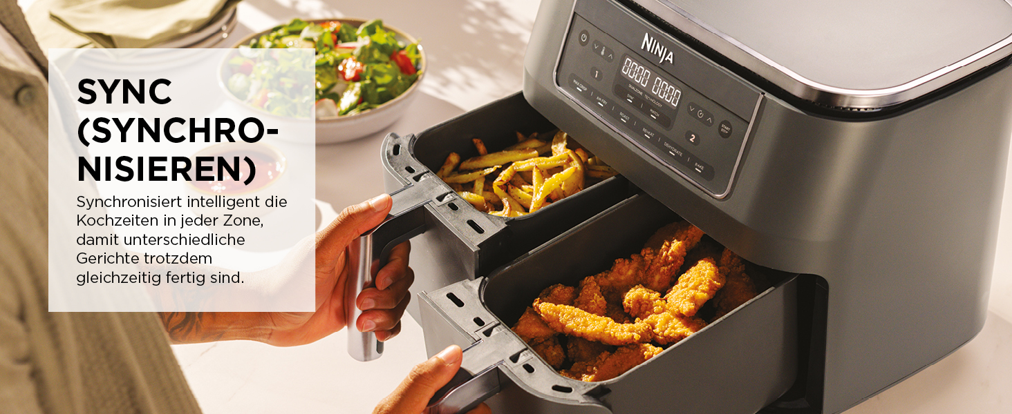 Фритюрниця Ninja Dual Zone Digital Air Fryer DZ400EU, 9.5L, 6-в-1, 2 відсіки, металевий сірий, для смаження, запікання, підігріву