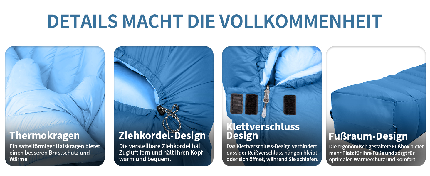 Сплячий мішок для дорослих та дітей, зимовий, легкий, для кемпінгу та альпінізму, 650 FP гусячий пух, 8°C ~ -30°C (Блакитний, 1500г пуху)