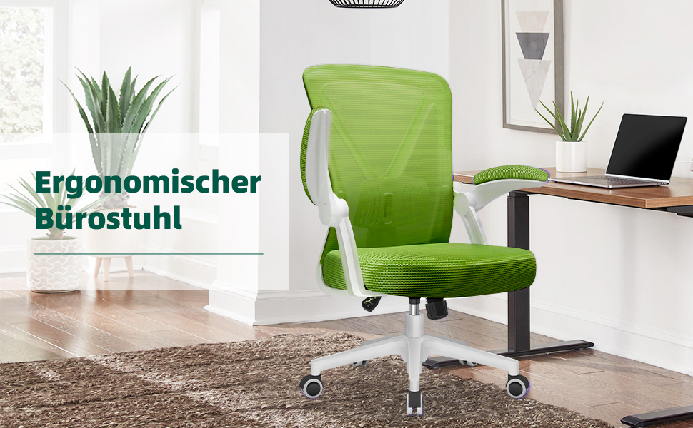 Ергономічне крісло для офісу з регульованою поперековою підтримкою, відкидними підлокітниками, поворотним механізмом і регулюванням висоти, зелене