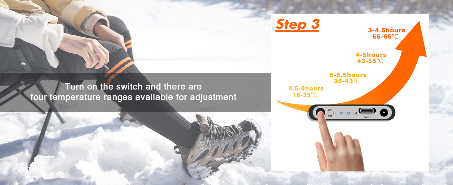 Обогревні шкарпетки з підігрівом, 5000mAh, акумулятор, до 65°C, чорний колір, розмір 36-42