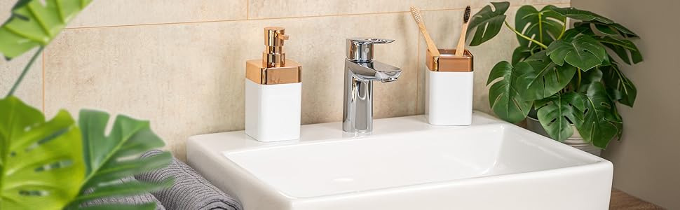 Набір для ванної кімнати Bremermann Savona 3-TLG, пластик, білий-рожезолотий: мильниця, дозатор мила, стакан