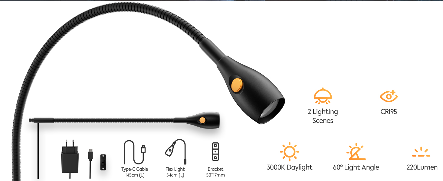 Світлодіодна настільна лампа Acegoo для читання з гнучким регульованим кронштейном (чорна) - 3000K, диммована, настінне кріплення, для спальні, книжок