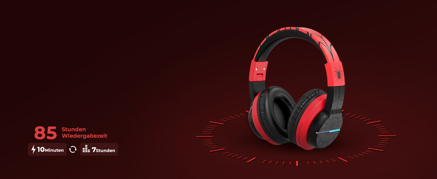 iClever Бездротові навушники для дітей з LED-підсвіткою, Over-Ear, Bluetooth 5.2, мікрофон, BTH12 (Чорний/Червоний)