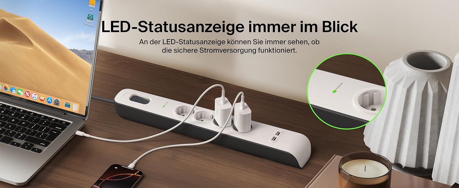 Мережевий фільтр Belkin з захистом від перенапруги та USB-портами, 8 розеток, 2 USB-A, 2.4A, кабель 2м, для дому та офісу