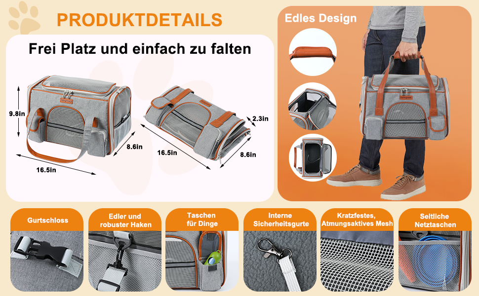 Транспортна сумка для котів та собак до 7 кг Demigreat, дихаюча переноска для середніх та маленьких котів та собак, сіра, 42x22x25 см