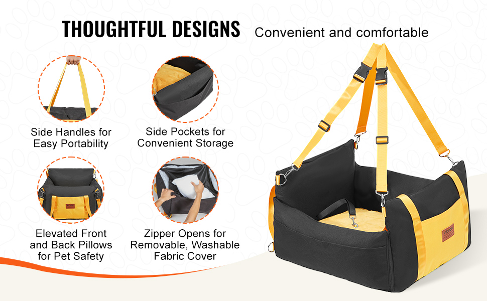 Автокрісло для собак VEVOR, підйомник для собак у машину з кишеню для зберігання, автокрісло для домашніх тварин з прикріпленою страховою лінією, губчаста наповнювач, автоліжко для собак середніх та великих порід до 25 кг (Чорний, S)