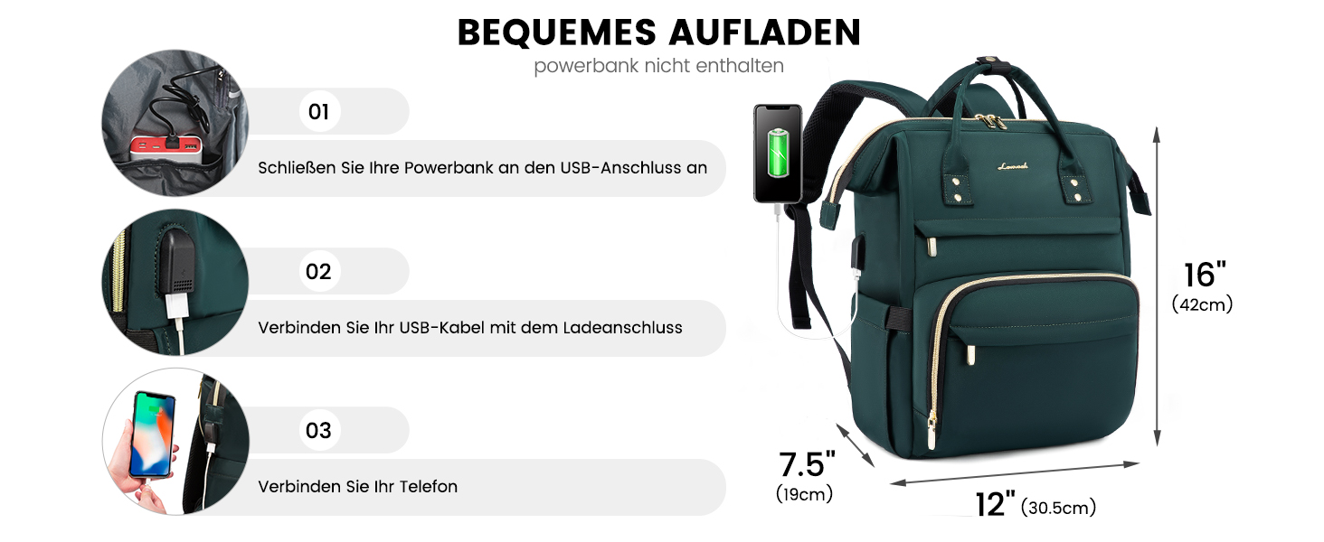 Рюкзак LOVEVOOK для жінок: водонепроникний, з USB-портом, 17' (15.6'), для навчання, роботи, подорожей, сірий/темно-зелений