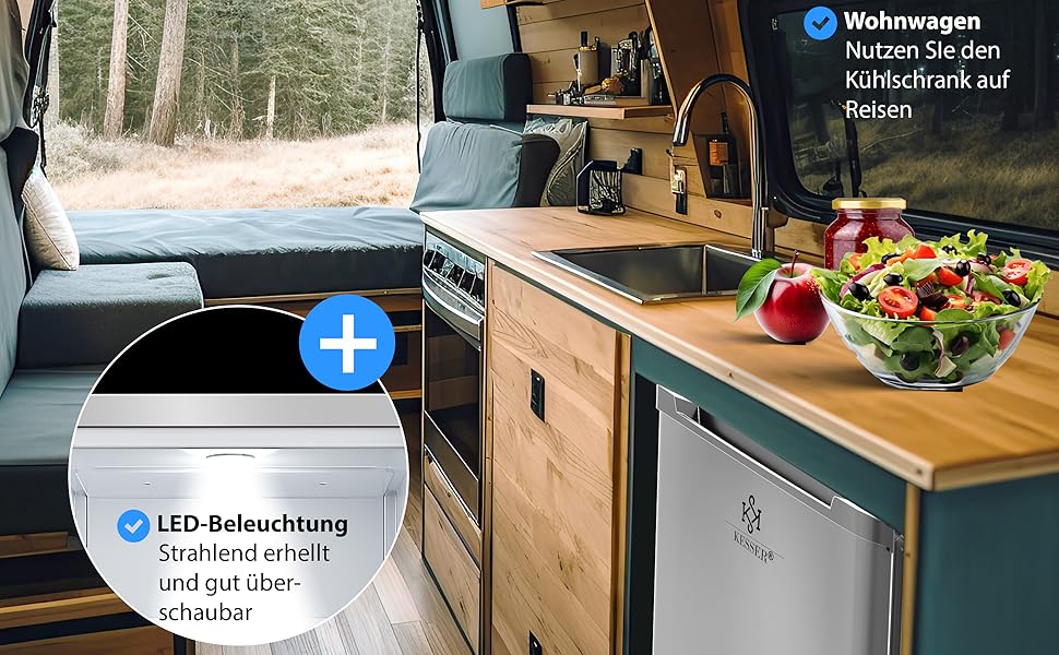 Міні-холодильник KESSER® 40L з замком: для кемпінгу, офісу, спальні, готелю, кухні. Безшумний, з LED-підсвіткою та відкривачем для пляшок. Срібний колір.