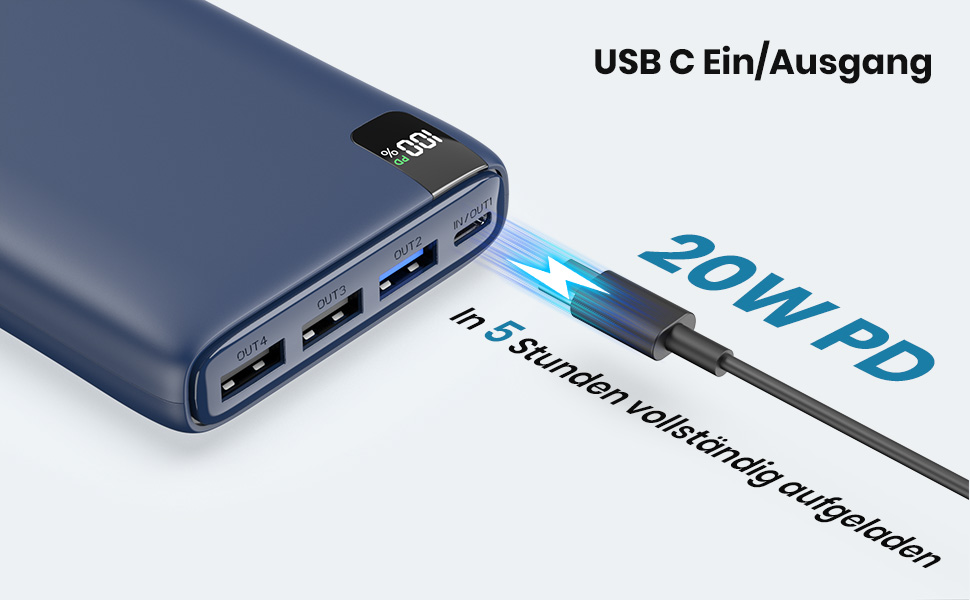 Power Bank Riapow 26800mAh з LED-дисплеєм, 4 виходи, USB-C, швидка зарядка 22.5W, блакитний