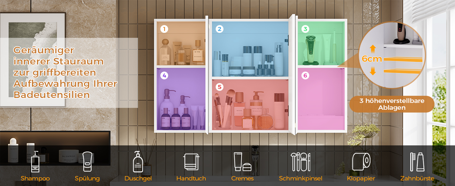 Дзеркало для ванної кімнати зі світлодіодним підсвічуванням, розеткою та 3 колірними температурами | Шафка для ванної кімнати 60x90x16 см (ВxШxГ), диммер + сенсорне управління | Біла шафка-дзеркало для ванної кімнати з 3 регульованими полицями та дзеркалом 60x90x16 см (60x100x16 см)