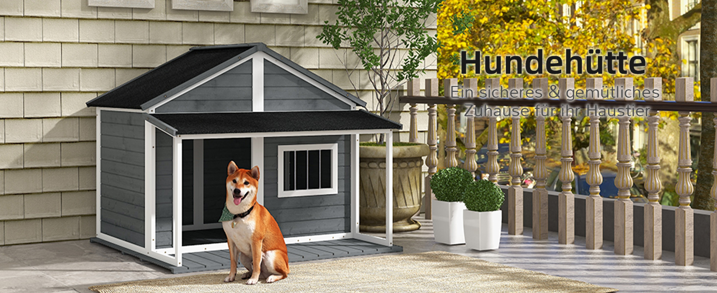 Будка для собак PawHut з масивного дерева, клітка для дрібних тварин, собача будка з терасою, асфальтовий дах, зовнішня, стійка до погодних умов, сіра, 124 x 112 x 105 см