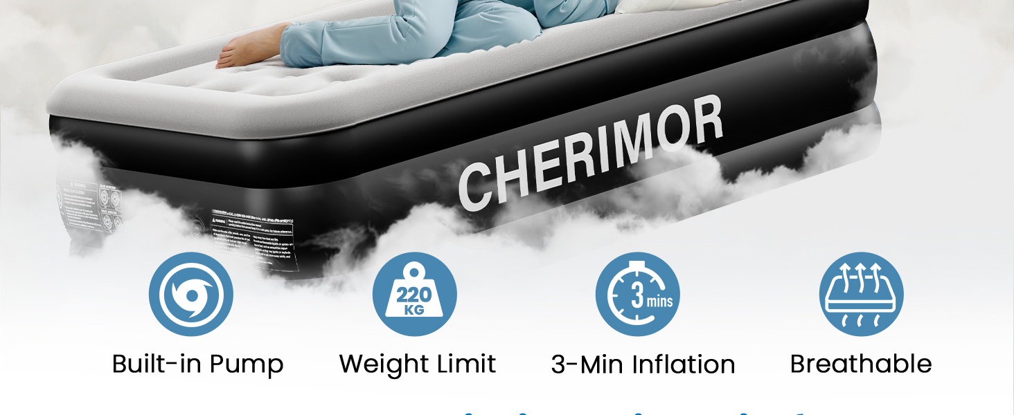 Самонадувний матрац CHERIMOR для дому та кемпінгу, 203x99x46 см, чорний (BLA Black), витримує до 220 кг, з сумкою для перенесення