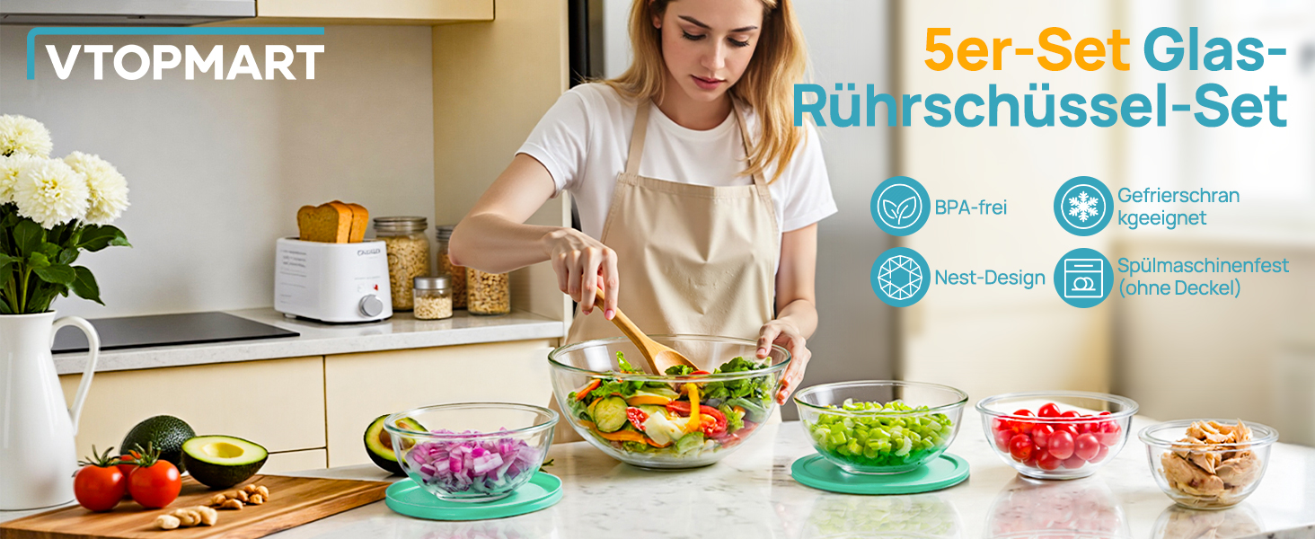 Набір контейнерів для їжі Vtopmart (15 шт.) з кришкою, скляні, для зберігання, мікрохвильова піч, морозильник, посудомийна машина