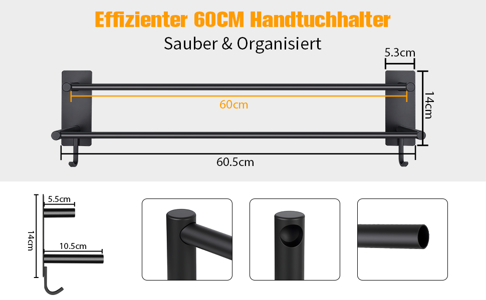 Тримач для рушників без свердління, 60 см, самоклеючий, з гачками, нержавіюча сталь, чорний, для ванної кімнати та кухні