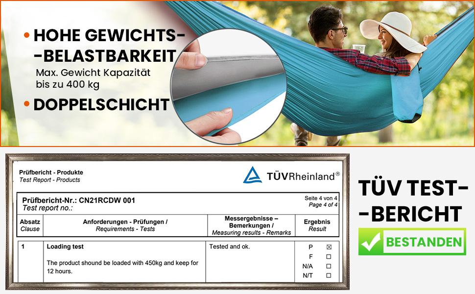 Гамак Overmont двошаровий, сертифікований TÜV, 400 кг, 280 x 185 см, нейлон, для кемпінгу та відпочинку на природі (блакитний, світло-сірий)